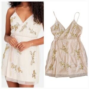NWT Altar'd State Nude Sequin Embellished Wrap Mini Dress Size Small